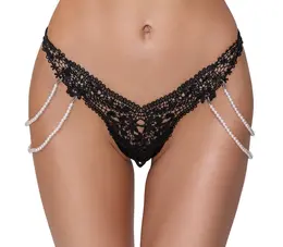 Cottelli LINGERIE tanga M/L sa uklonjivim bisernim lancima, Crna čipka