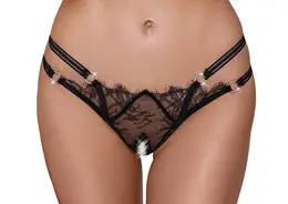 Cottelli LINGERIE Tregeri sa čipkom od umetnih trepavica i prstenjem sa kamenčićima M/L, Crna