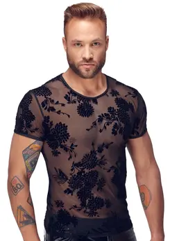 Noir Powernet Mesh Shirt L with Velvet Floral Pattern, Black