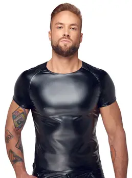 Noir Powerwetlook Men’s Shirt L - Matte Black, Snakeskin Effect, Short Sleeve