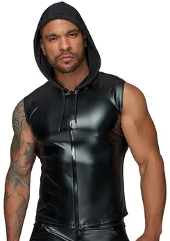 Noir Powerwetlook Sleeveless Hoodie XL Black - 2-Way Zip, Hooded Top