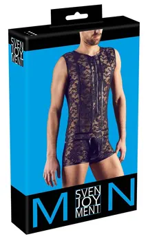 Svenjoyment Men's Lace Body XL - Wet Look & Floral Details, Front Zipper
