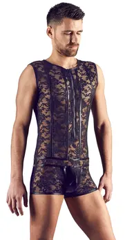 Cottelli Collection Men's Lace & Wet Look Body M, Front Zipper, Black