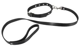 ZADO Leather Adjustable Collar & Leash Set with Metal Studs Black 34-46cm
