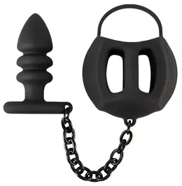 Black Velvets Intimate Cage System with Ribbed Plug and Chain, Silicone