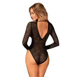 Obsessive Merlys Lace Teddy M/L - Elegant Long Sleeve Bodysuit