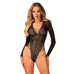Obsessive Merlys Long Sleeve Lace Teddy XS/S, Black, Adjustable Straps