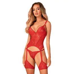 Obsessive Belovya Lace Corset Red M/L - Elegant Mesh & Jewel Accent