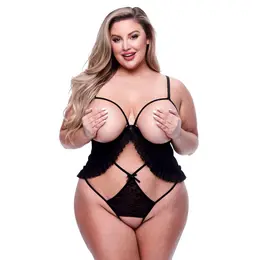 Baci Peek-a-boo Criss-cross Teddy Queen Sheer Lace Bodysuit Black Plus Size