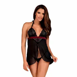 Obsessive Rossita L/XL Babydoll & Thong Set, Burgundy Accents, Sheer Black