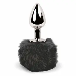 FeelzToys Bunny Tails Black Plug - Metal Model with Faux Fur Tail, 7 cm