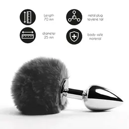 FeelzToys Bunny Tails Black Plug - Metal Model with Faux Fur Tail, 7 cm