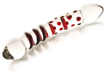 Dvostrani stakleni falus sa tačkama i spiralom-20 cm.