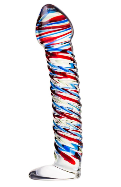 Stakleni falus sa raznobojnim spiralima - 16,5 cm.