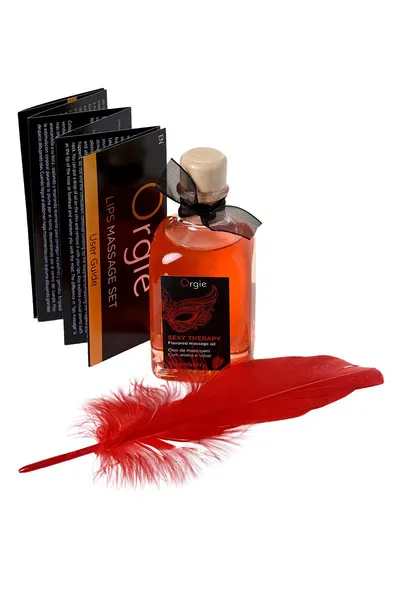 Orgie Lips masažni komplet za igre sa ukusom jagode (jestivo ulje, pero) 100ml