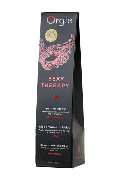 Orgie Lips masažni komplet za igre sa ukusom jagode (jestivo ulje, pero) 100ml