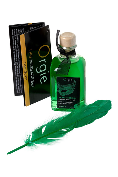 Orgie Lips masažni komplet za igre sa ukusom jabuke (jestivo ulje, pero) 100ml