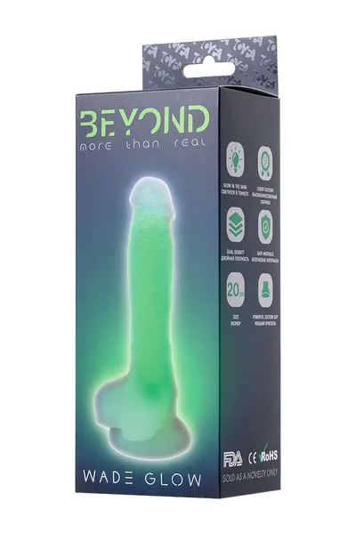 Dildo, sjaj u mraku, Beiond bi Toifa, Vade Glov, silikon, providan, 20 cm