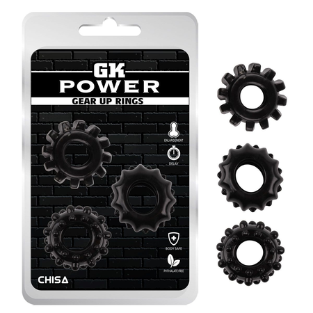 Set od 3 Crna prstena za erekciju Gear Up Rings