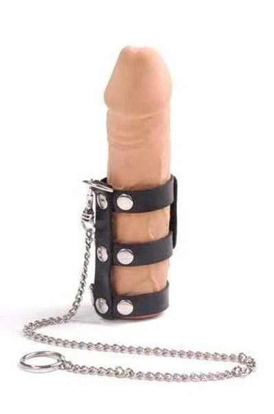 Crni kožni povodac za penis sa 3 trake