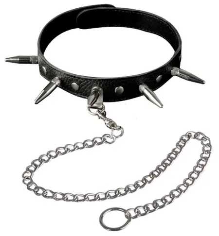 Crna kožna ogrlica sa šiljcima i lancem