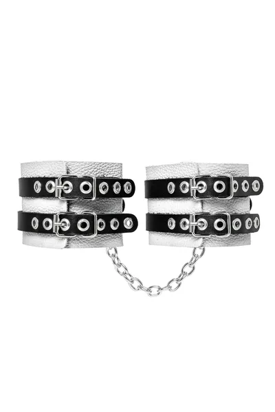 Pecado BDSM okovi, mekani, sa dve trake, sa ušicama, prirodna koža, belo-crni