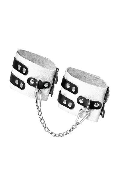 Pecado BDSM okovi, mekani, sa dve trake, sa ušicama, prirodna koža, belo-crni
