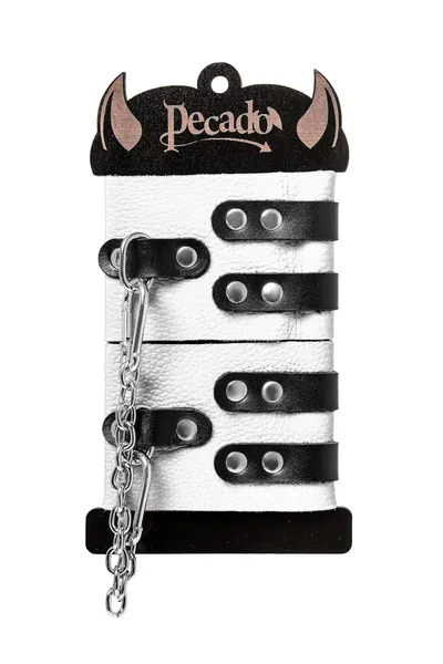 Pecado BDSM okovi, mekani, sa dve trake, sa ušicama, prirodna koža, belo-crni