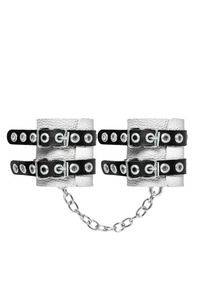 Pecado BDSM lisice, sa dve trake sa ušicama, mekane, prave kože, belo-crne