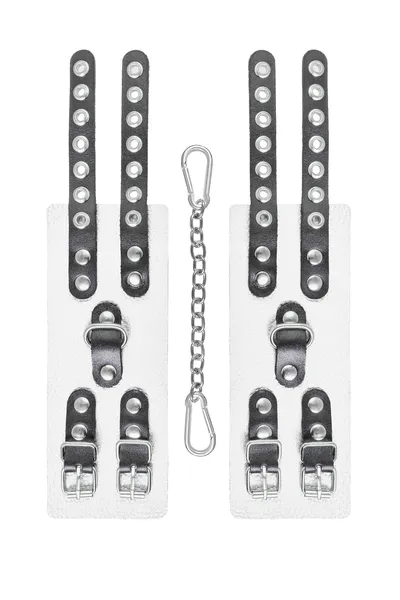 Pecado BDSM lisice, sa dve trake sa ušicama, mekane, prave kože, belo-crne