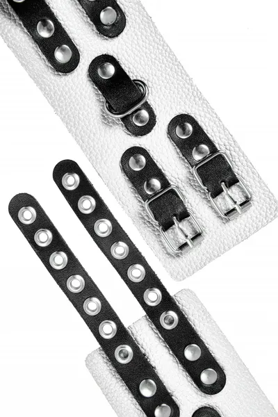 Pecado BDSM lisice, sa dve trake sa ušicama, mekane, prave kože, belo-crne