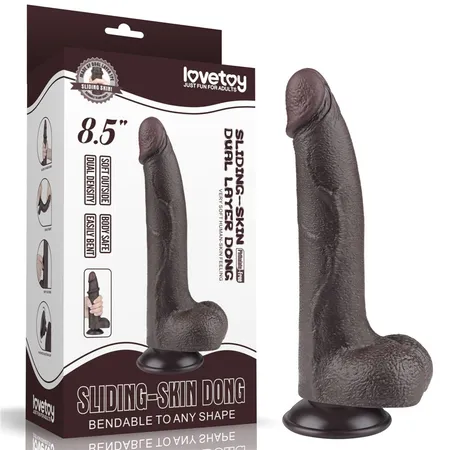 Smeđi dildo sa skrotumom 8.5 Sliding Skin Dual Laier Dong na usisnoj čaši-22 cm.