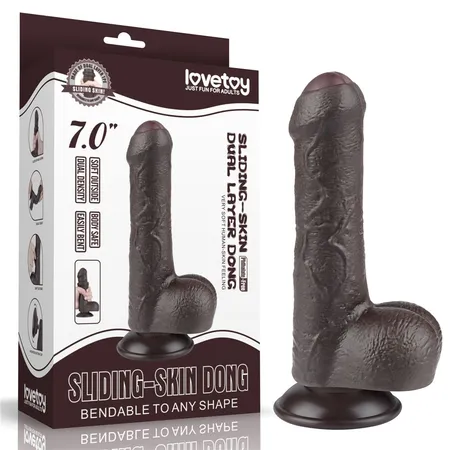 Braon Dildo 7 Sliding Skin Dual Laier Dong na usisnoj čaši-18,3 cm.