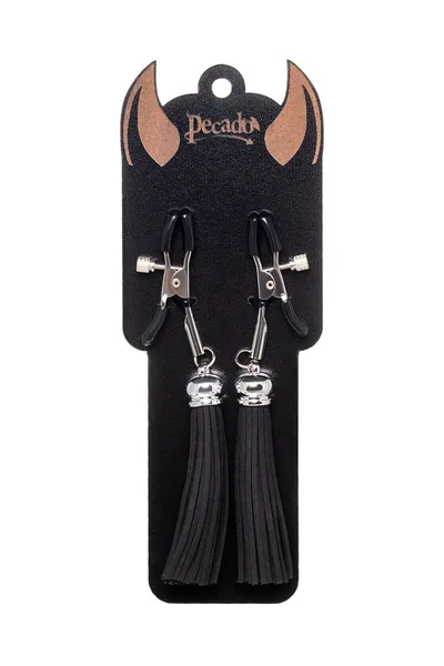 Kopče za bradavice Pecado BDSM, štipaljke, sa resicama od antilopa, metal, Crna