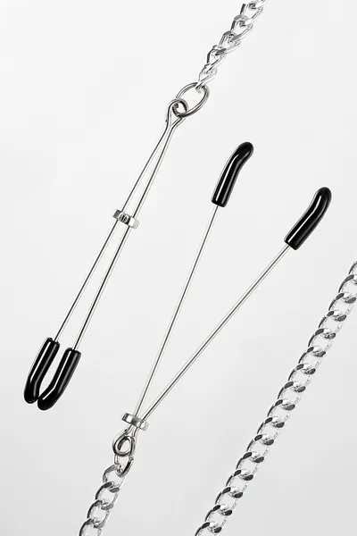 Kopče za bradavice Pecado BDSM, viljuške, na lancu, metal, srebro