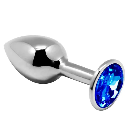 Srebrna analna čaura sa plavim kristalom Mini Metal Butt l - 9 cm.