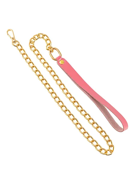 Ružičasti kožni povodac sa karabinom za ogrlicu .