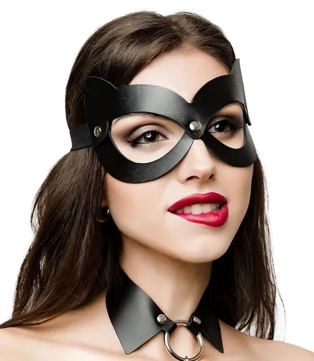 Pecado BDSM Maska, sa mačjim ušima otvorena, prirodna koža, crna