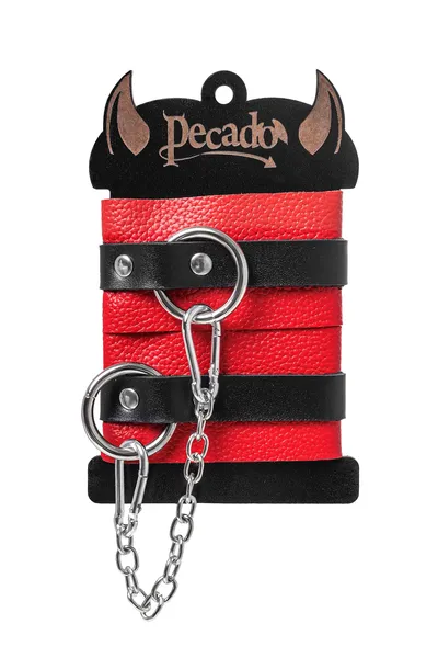 Pecado BDSM okovi, mekani, sa jednim kaišem sa ušicama, prirodna koža, crveno-crni