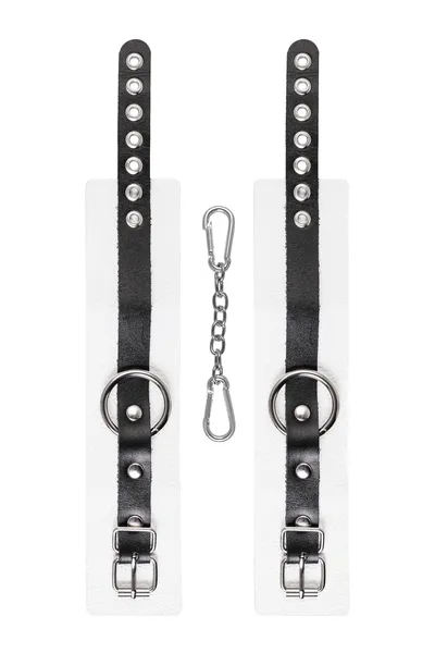 Pecado BDSM okovi, mekani, sa jednim remenom, sa ušicama, prirodna koža, belo-crni