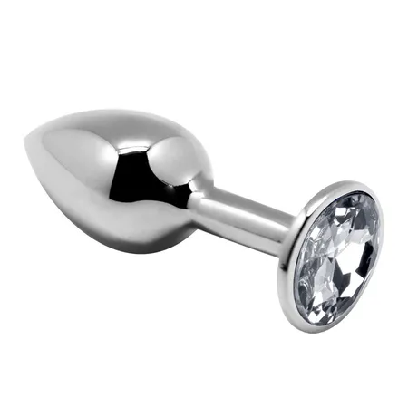 Srebrna analna čaura sa prozirnim kristalom Mini Metal Butt Plug Size l - 9 cm.