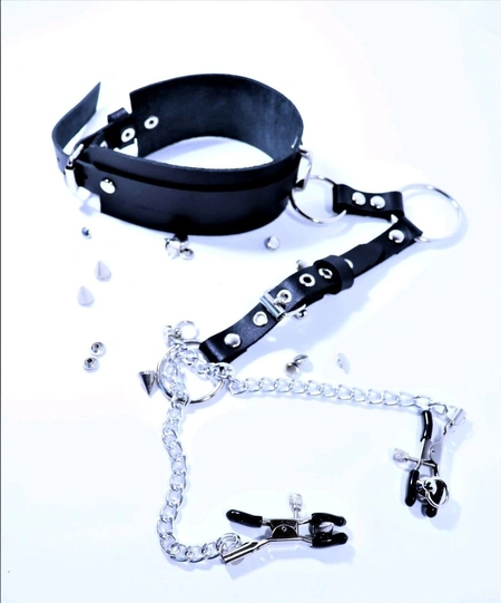 Ogrlica sa štipaljkama za bradavice od prave kože bdsm pribor