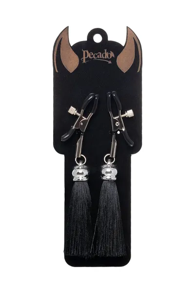 Kopče za bradavice Pecado BDSM, štipaljke, sa resicama od svile, metal, Crna