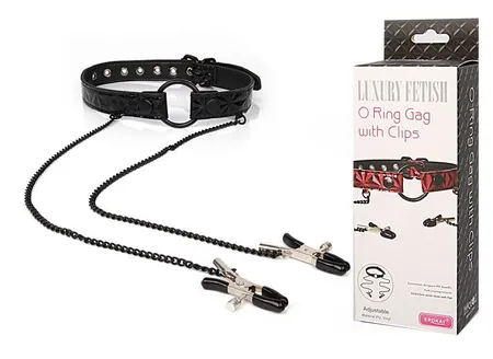 Geg prsten sa kopčama na bradavicama O Ring gag vith clips boja crna umetnost. ek-3109