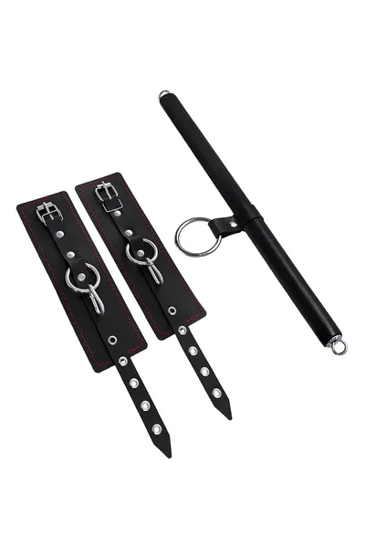 Pecado BDSM komplet za vezivanje, 3 tačke fixacije, odstojnik, lisice, koža, crna