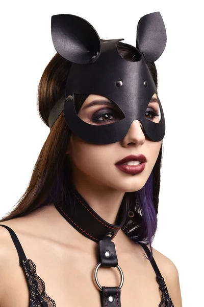Pecado BDSM Maska, sa mačjim ušima, prirodna koža, crna