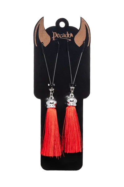 Kopče za bradavice Pecado BDSM, viljuške, sa resicama od svile, metal, crveno