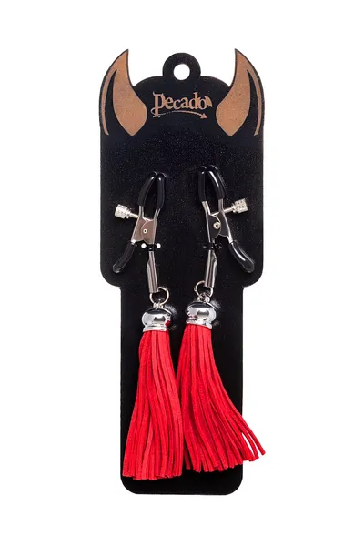 Kopče za bradavice Pecado BDSM, štipaljke, sa resicama od antilopa, metal, crveno
