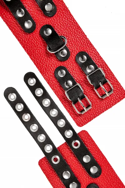 Pecado BDSM lisice, meke, dvostruke trake sa ušicama, prirodna koža, crveno-crne