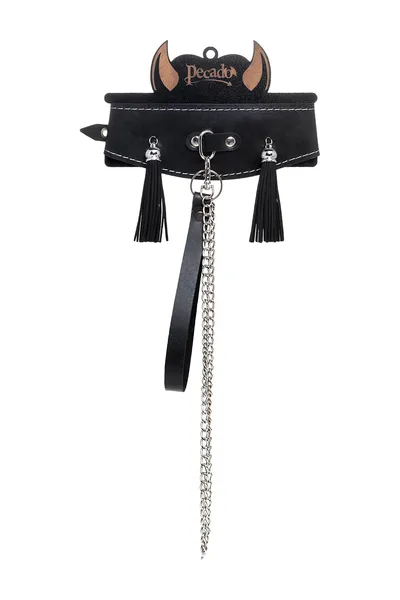 Ogrlica Pecado BDSM, visoka sa resicama, koža, crna